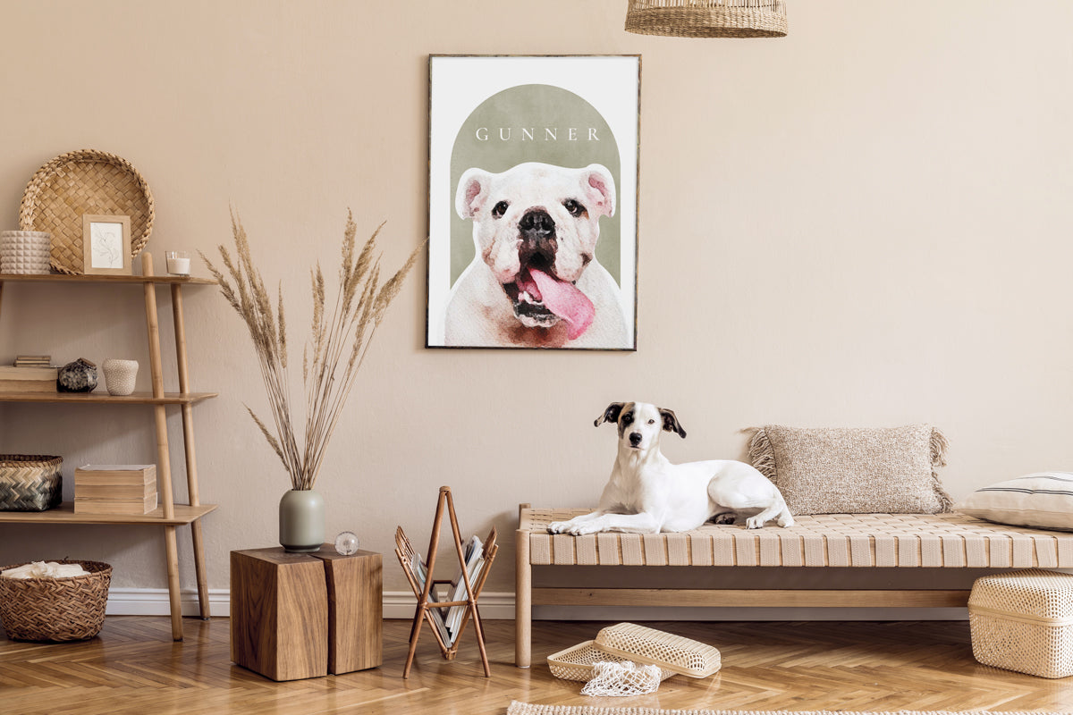 A wooden frame of a custom dog portrait decorated in a living room