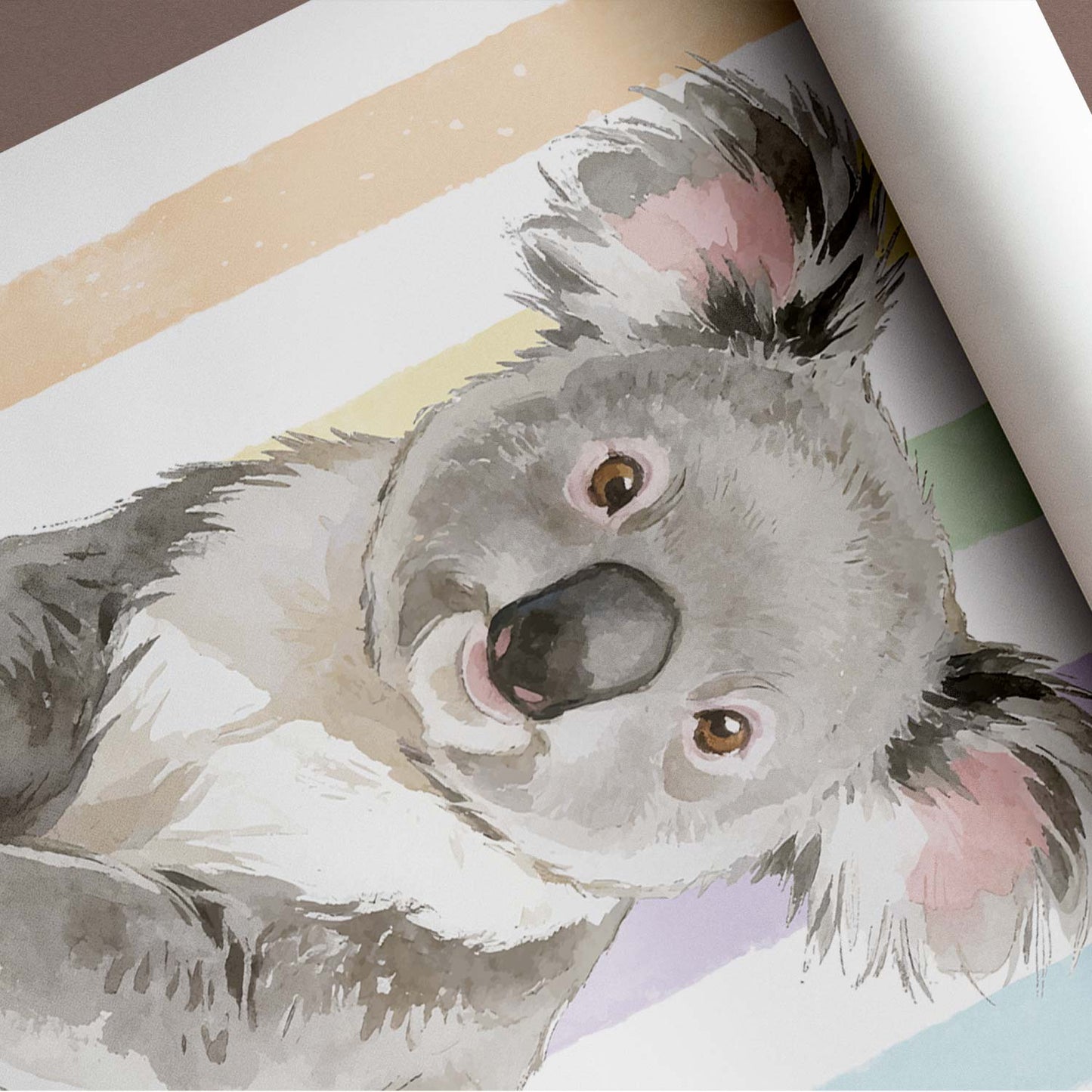 Watercolor painting of a koala on a rainbow striped background