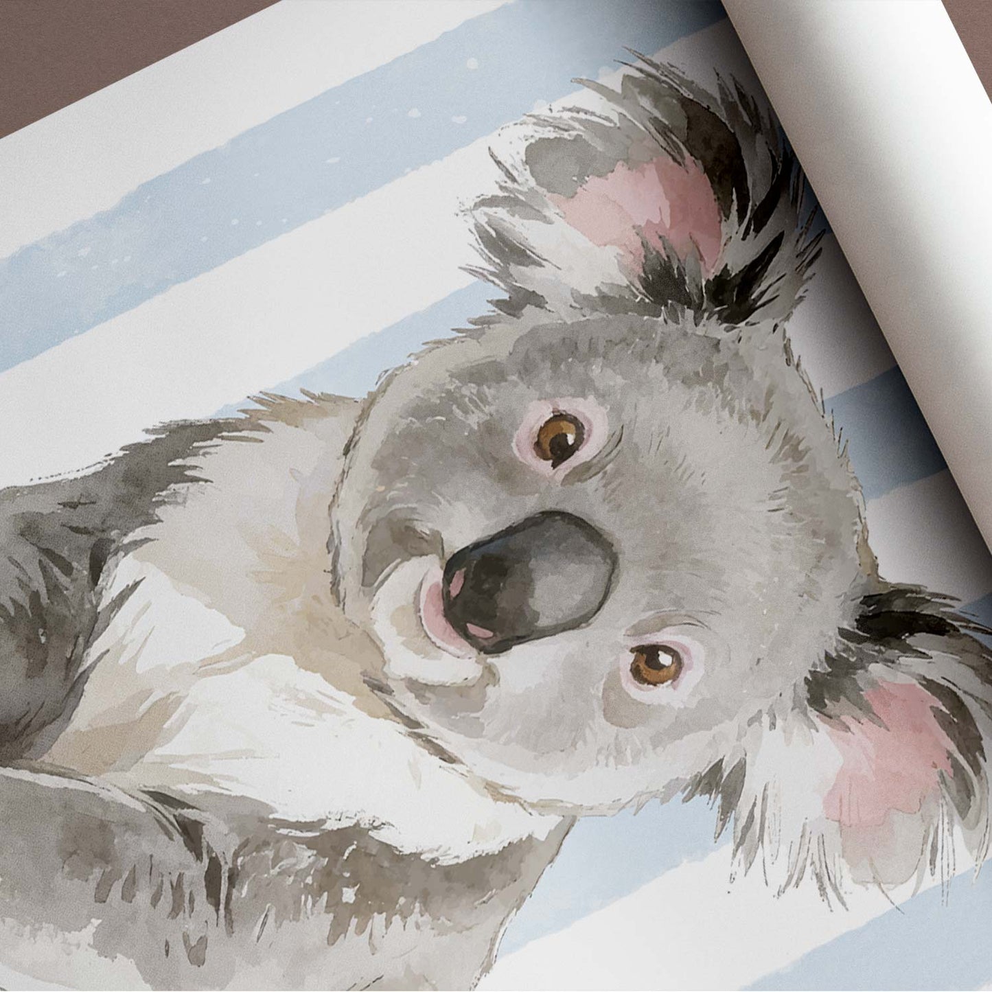 Illustration of a koala on a striped blue background