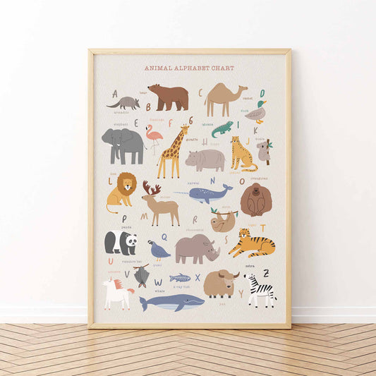 An oak picture frame of a cute Scandinavian animal alphabet poster print