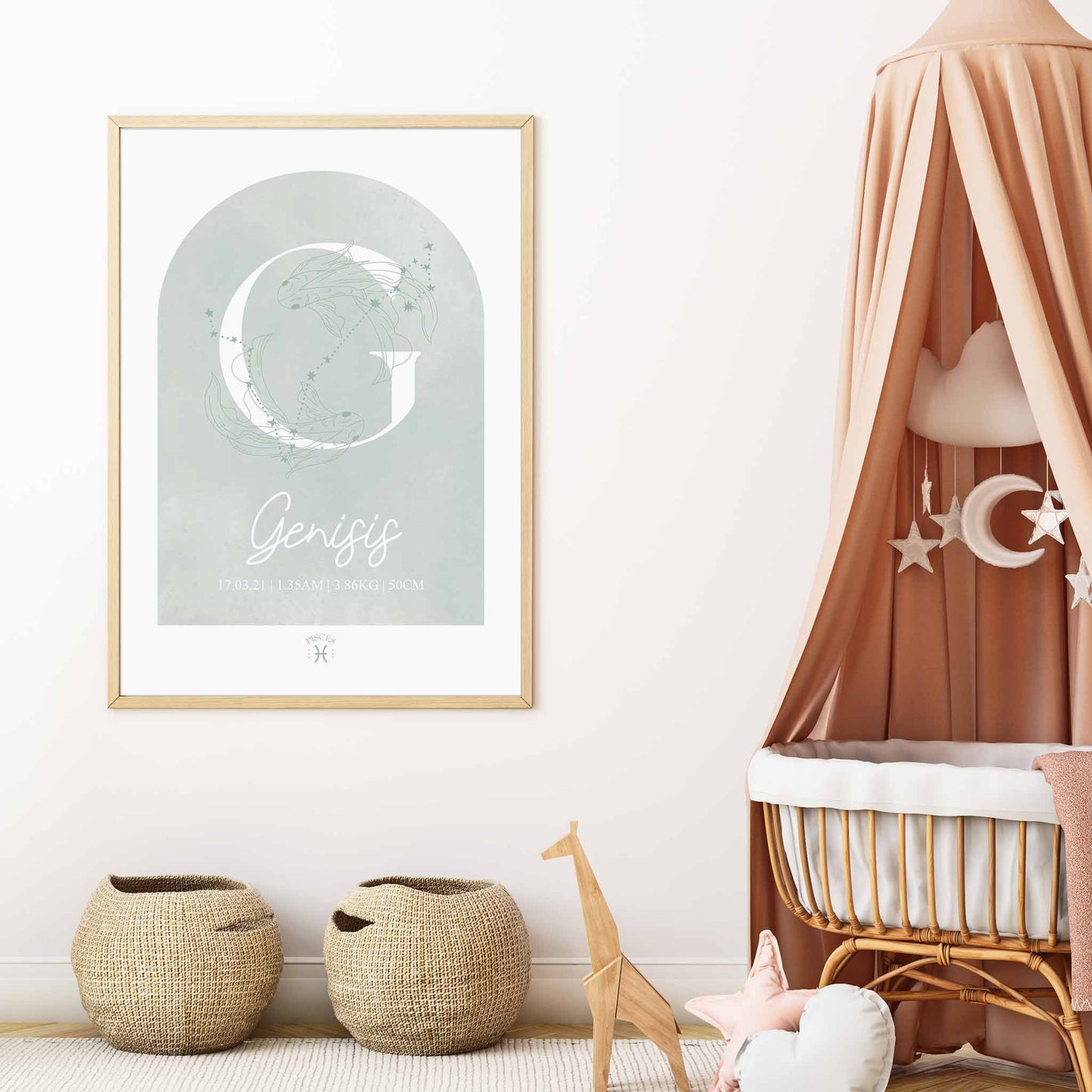 A framed oak frame of a green watercolor arch display personalised horoscope birth print with Zodiac symbol and constellation in a baby nursery room