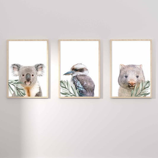A set of 3 framed oak frames displaying kids nursery wall prints of Australian wombat, kookaburra and koala with leaves background