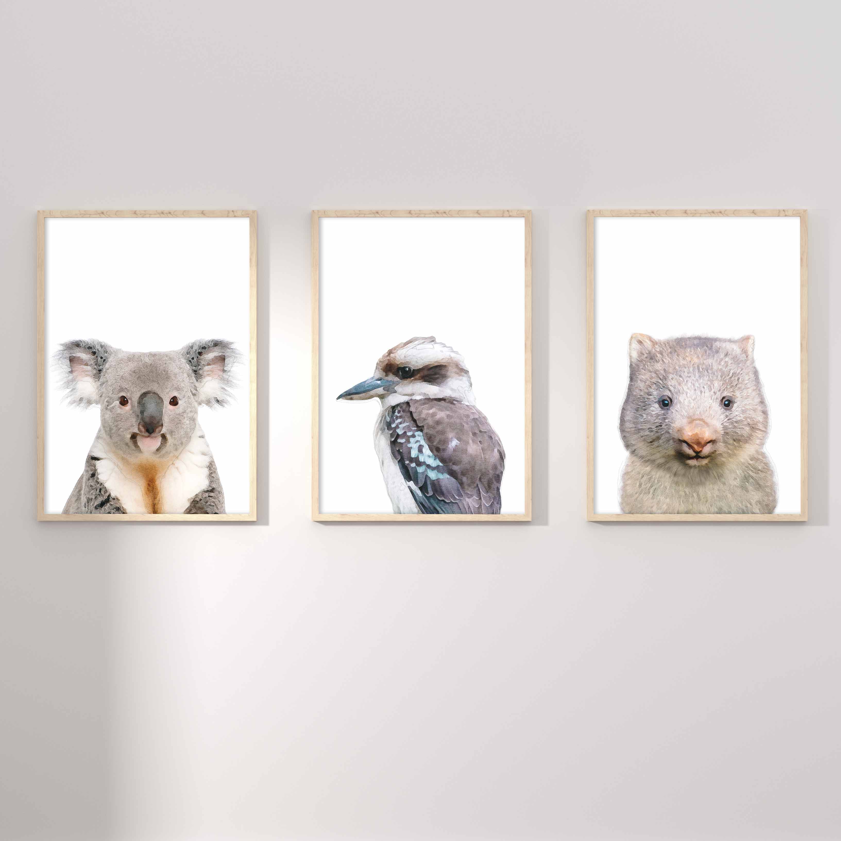 Australian Native Animals Nursery Prints (Kookaburra, Koala Wombat)