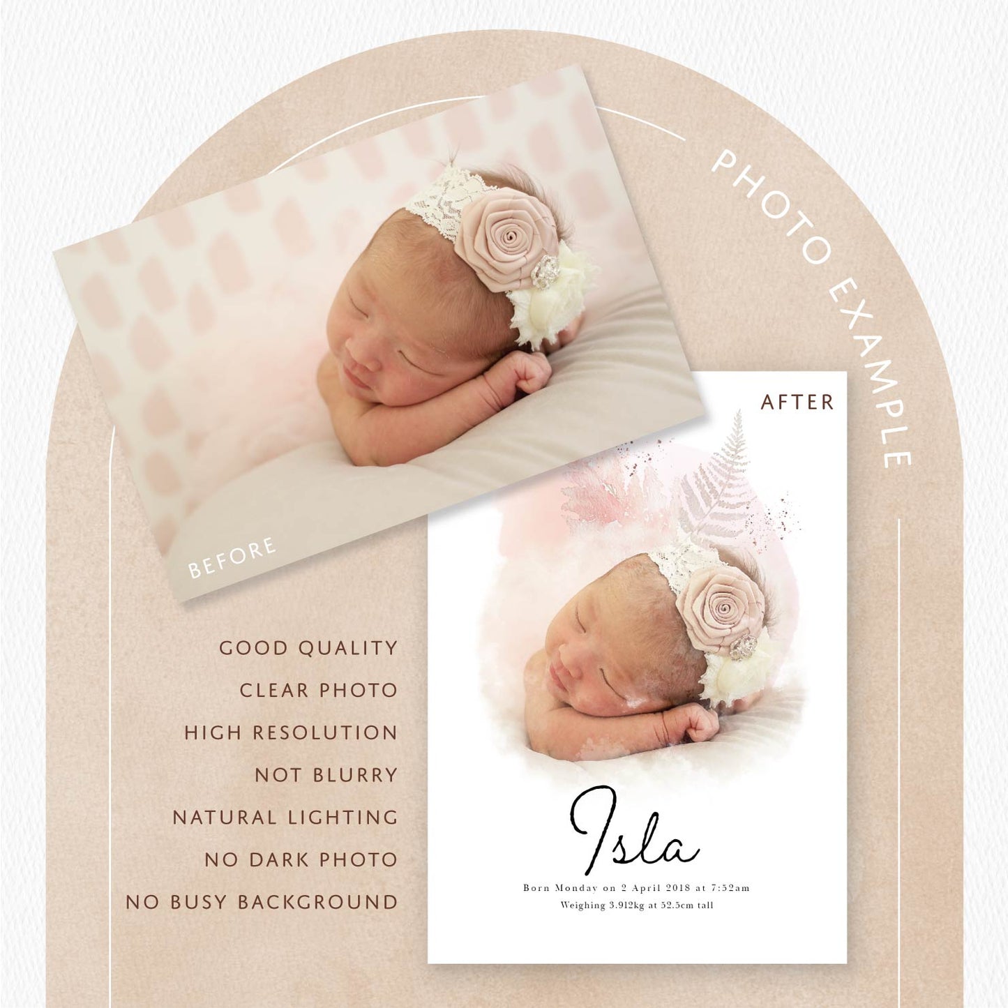 Photo example of a personalised baby portrait print with instructions