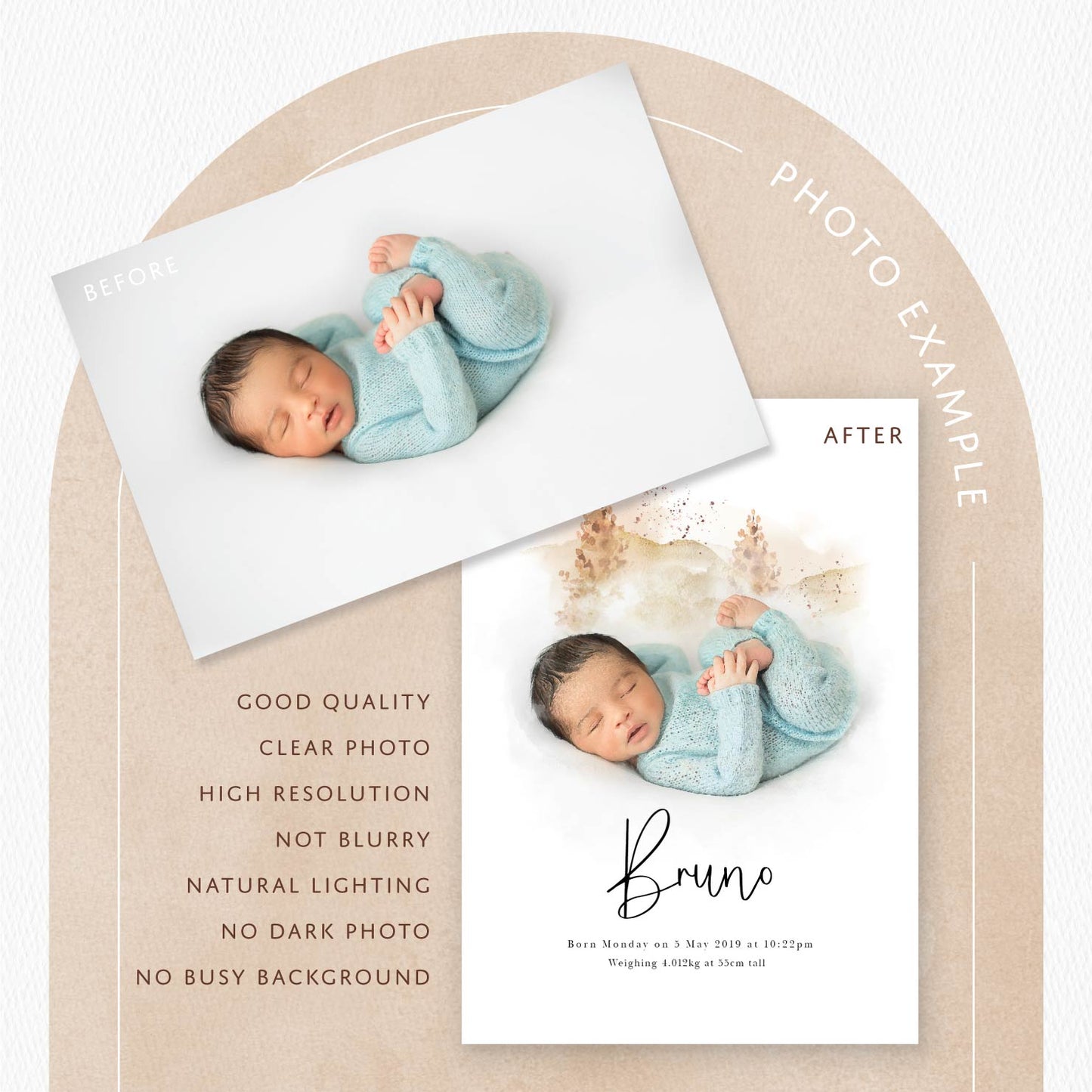 Photo example of a personalised baby portrait print with instructions