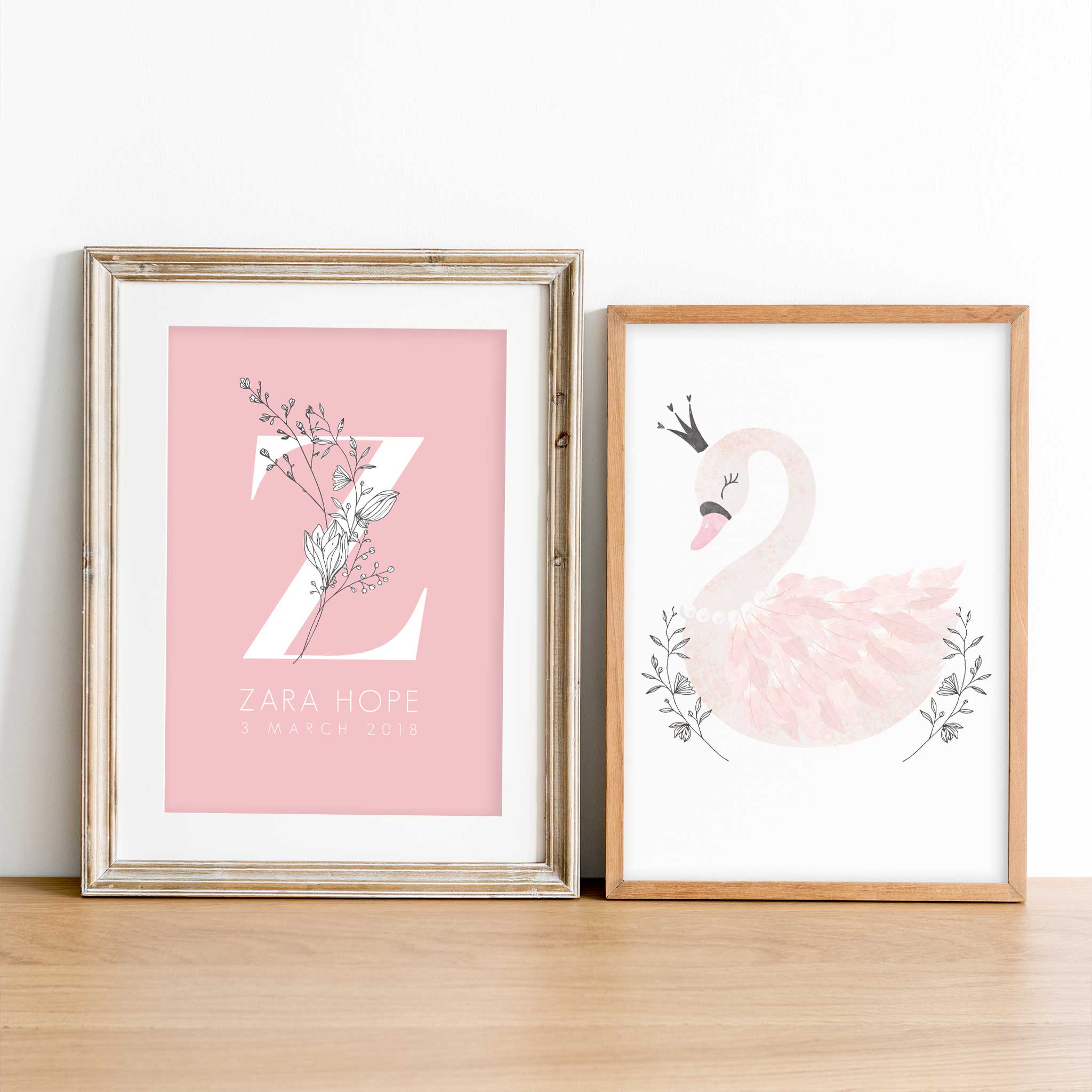 Princess Swan Floral Monogram Personalised Nursery Birth Print – Sticky ...