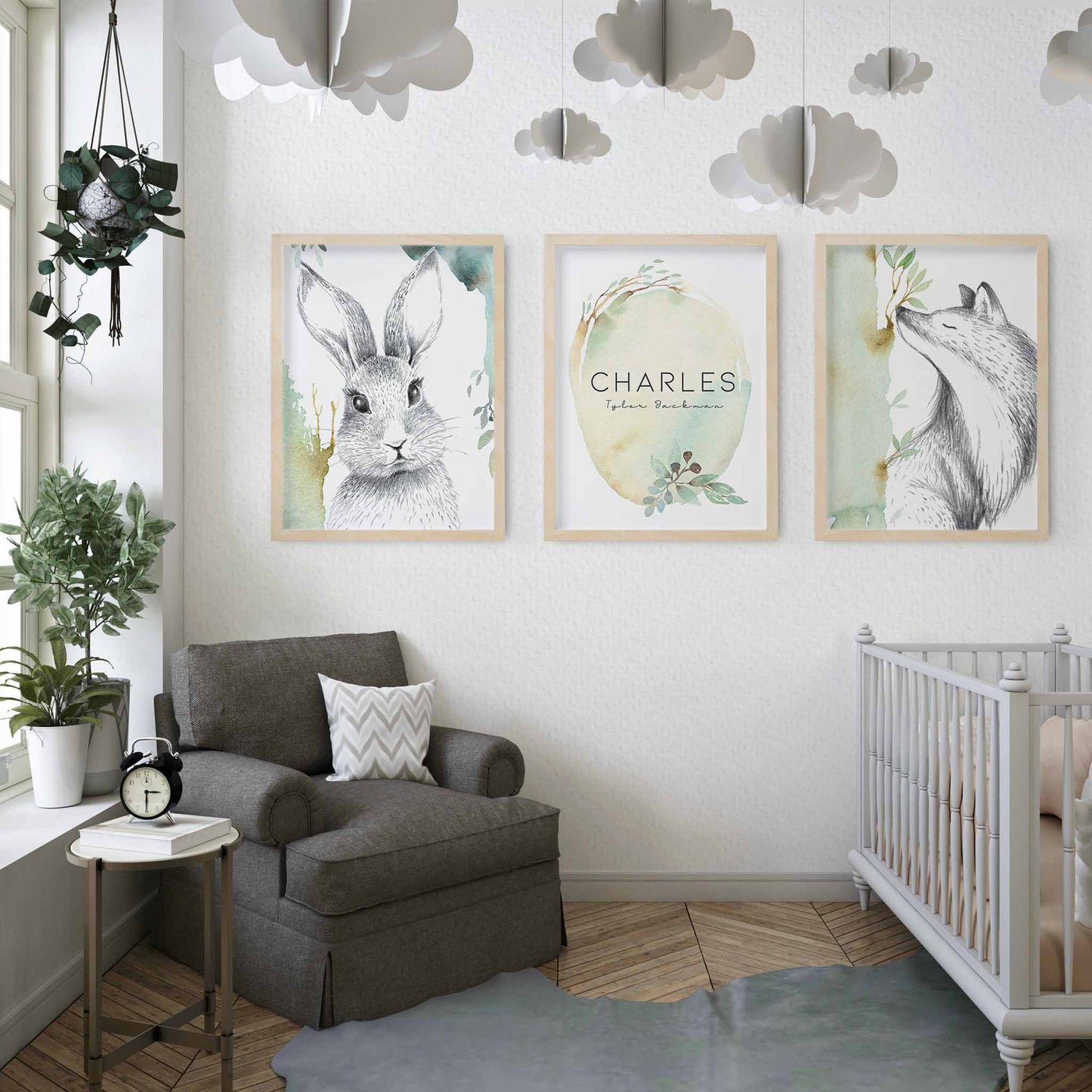 A set of 3 framed images of woodland bunny rabbit and fox sketch foliage nursery personalised birth print decorated in a nursery