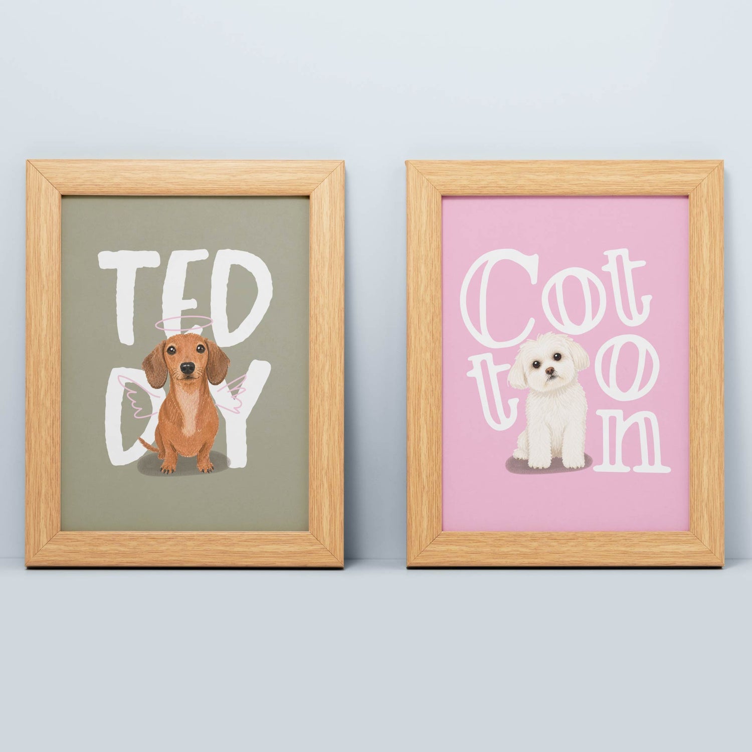 Two framed kids pet portraits 