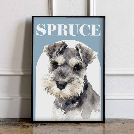 Black framed image of a custom pet portrait dog named "SPRUCE"