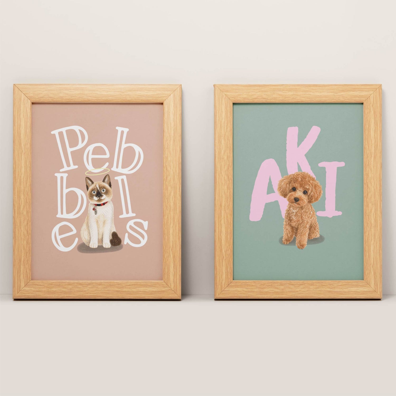 Two framed pet portraits illustrations of dogs and text on a light background