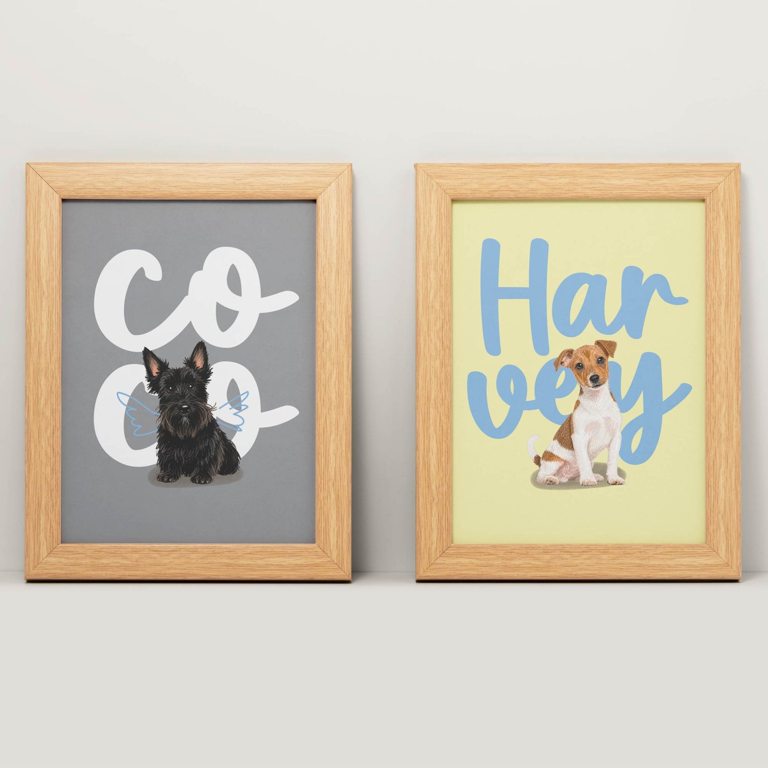 Two framed pet portraits with illustrations of dogs and text on a light gray background