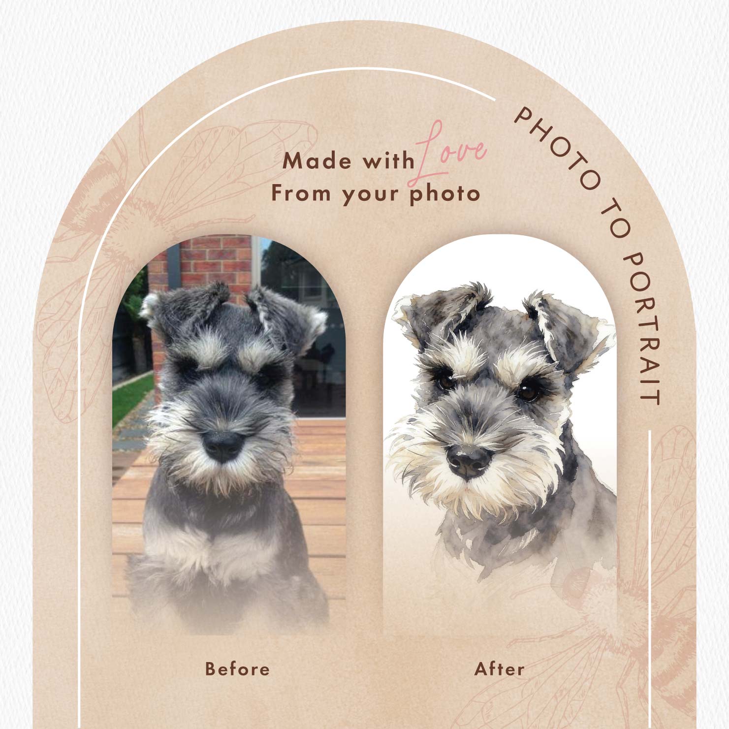 Dog photo frame with 'Before' and 'After' comparison of a custom pet portrait.