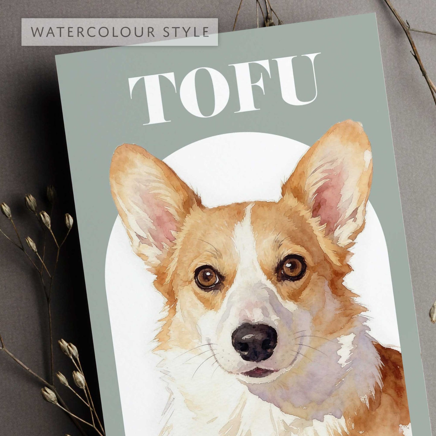 Custom pet portrait of a dog named 'TOFU' in watercolor style on a green arch background