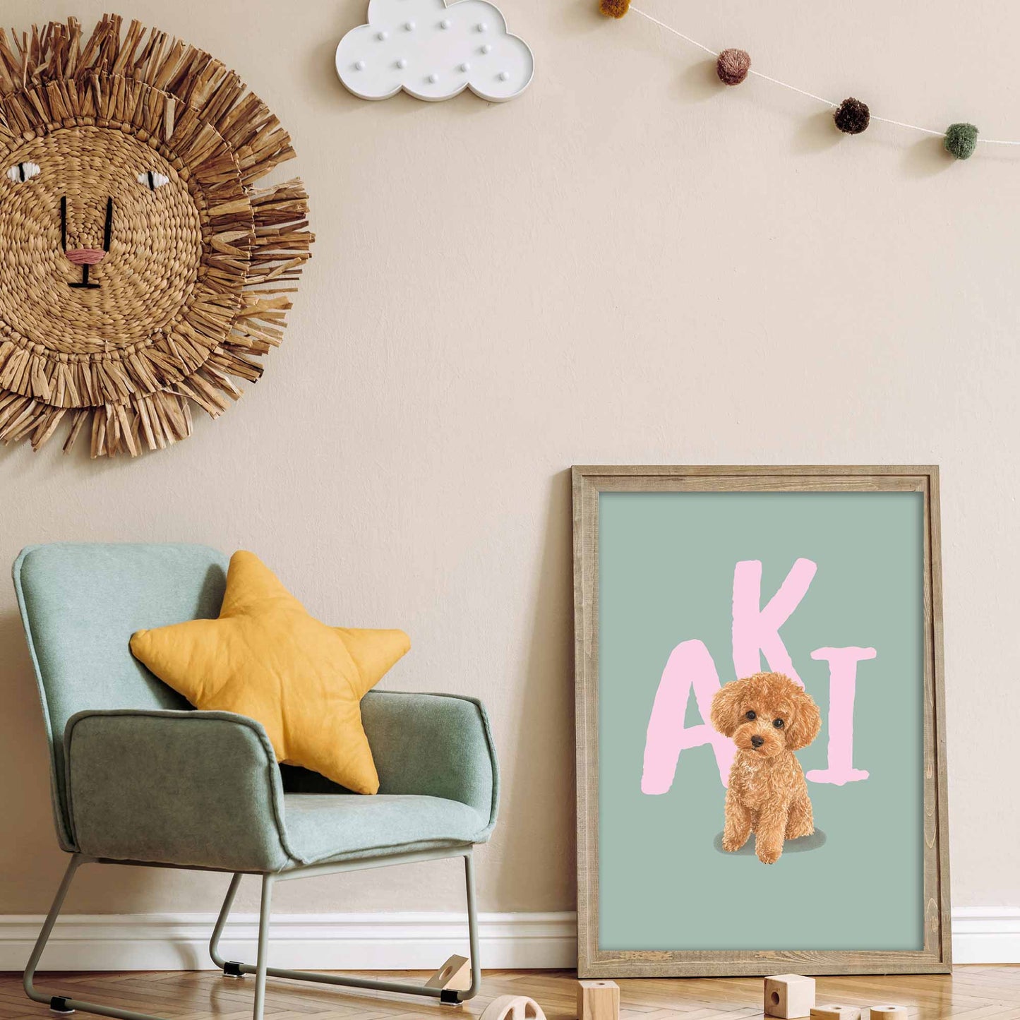 Children's room with a chair, framed kids pet portrait of a dog, and decorative wall art.