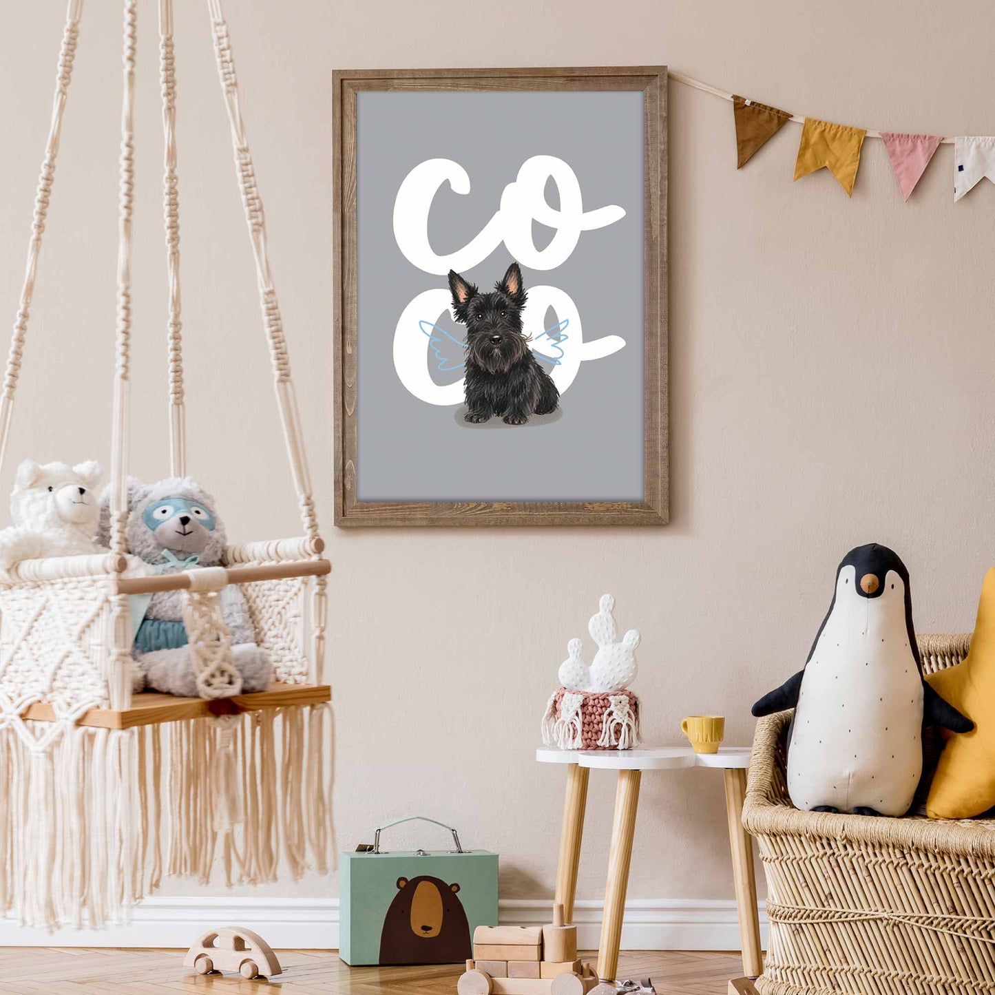 Children's room with a chair, framed kids pet portrait of a dog, and decorative wall art.