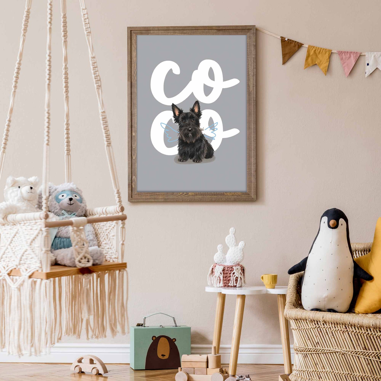 Children's room with a chair, framed kids pet portrait of a dog, and decorative wall art.