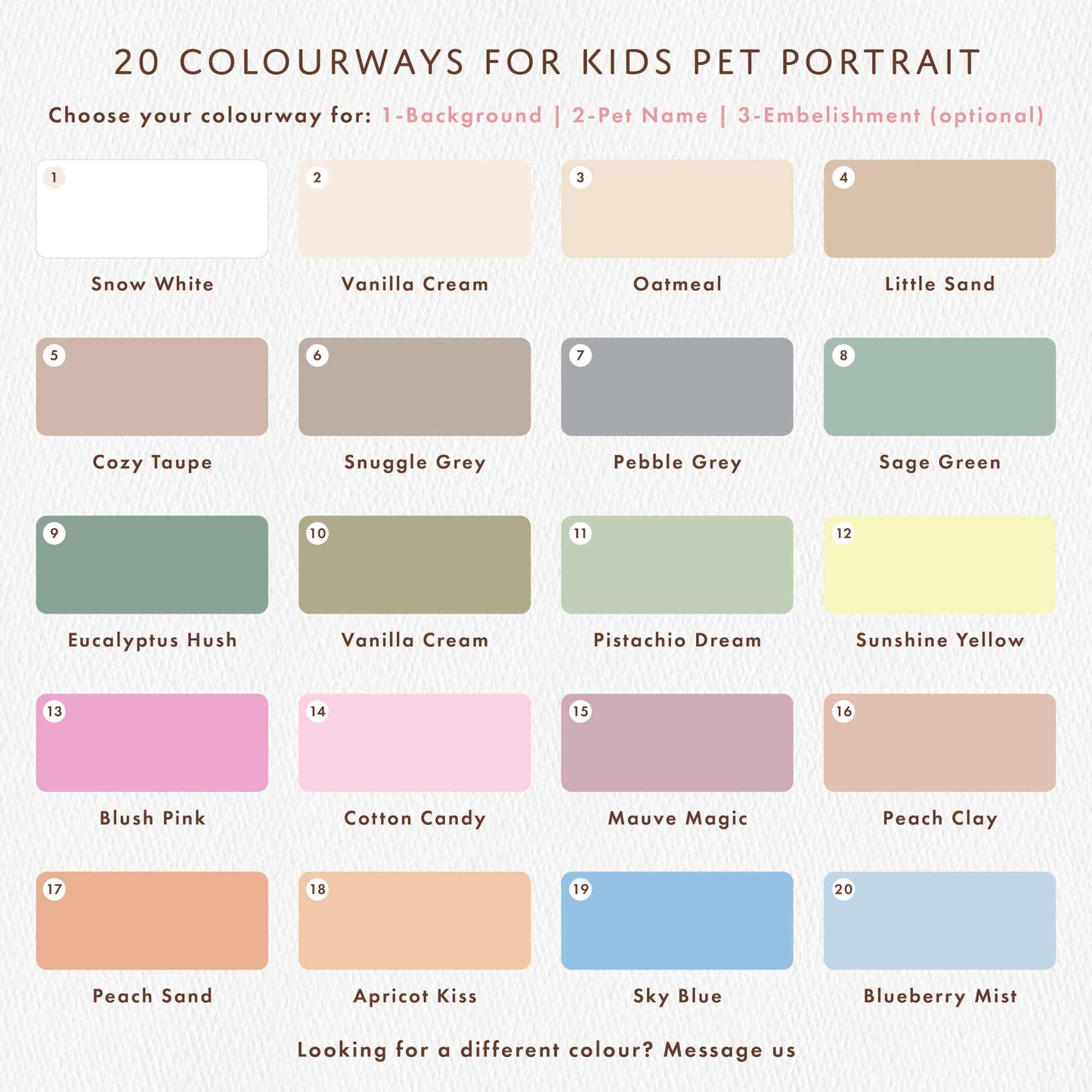 Color swatches for a kids pet portrait with title and color options.