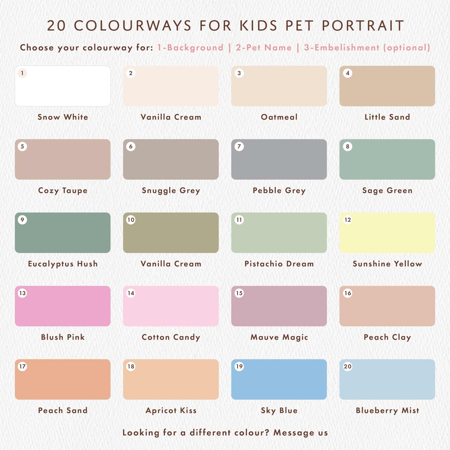 Color swatches for a kids pet portrait with title and color options.