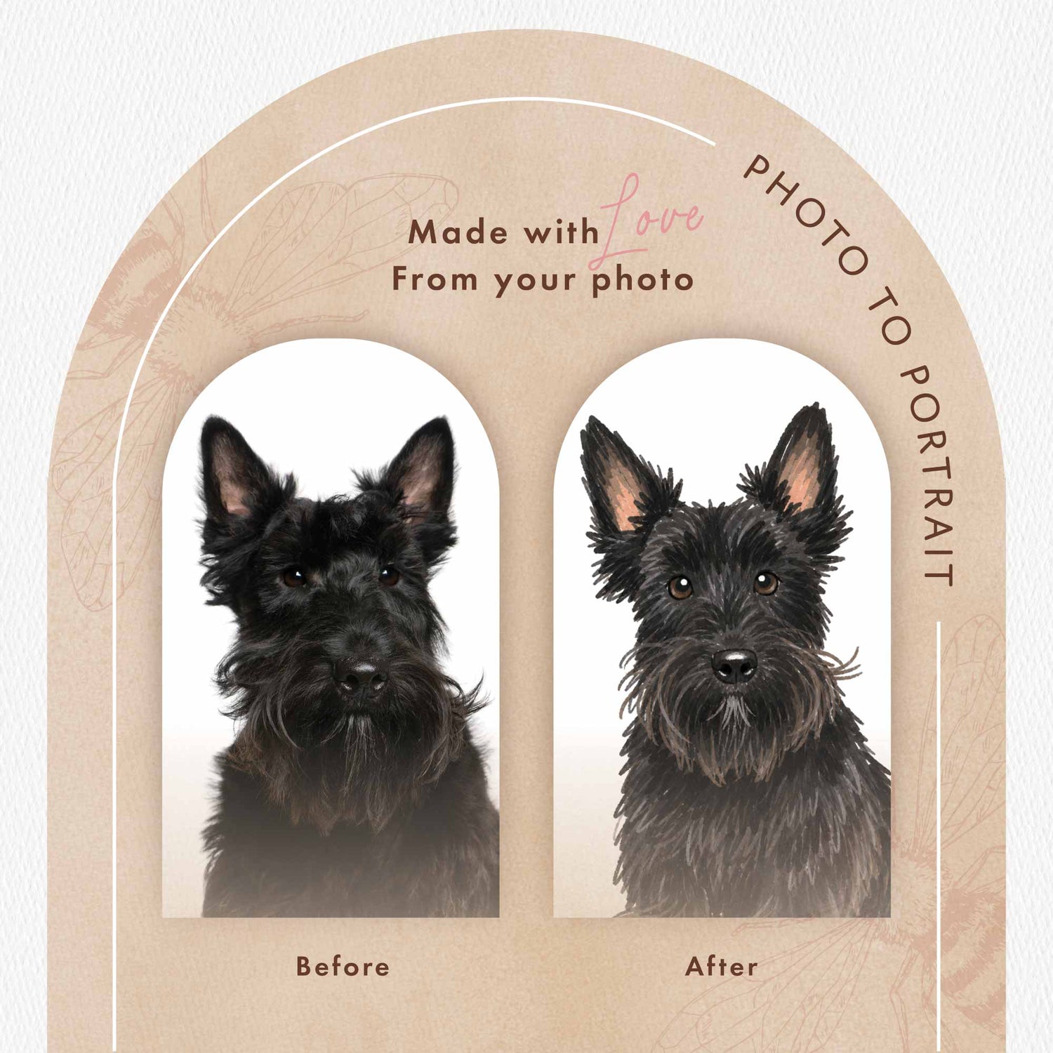 Dog portrait creation tool with 'Before' and 'After' images of a black dog.