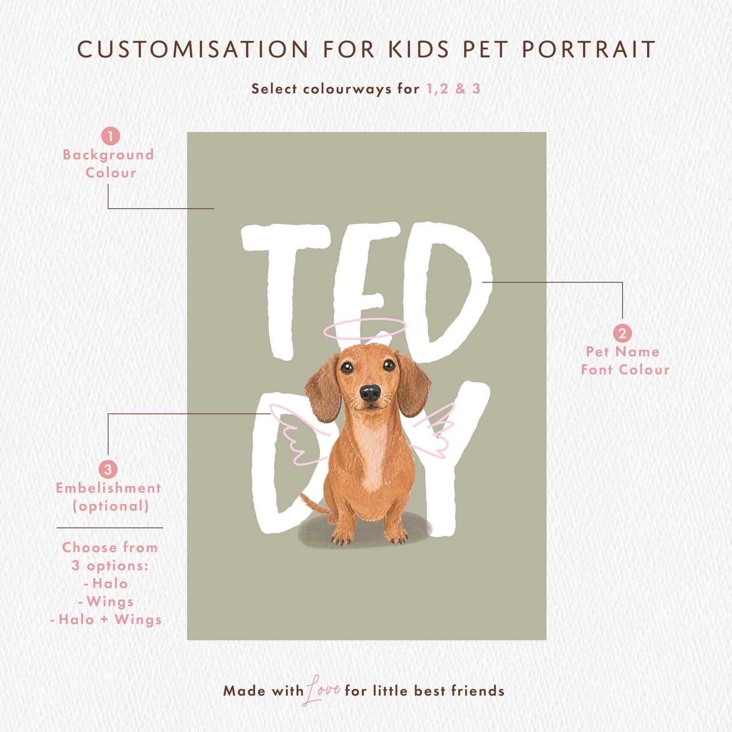 Customisation options for a kids pet portrait with a dachshund illustration on a green background.