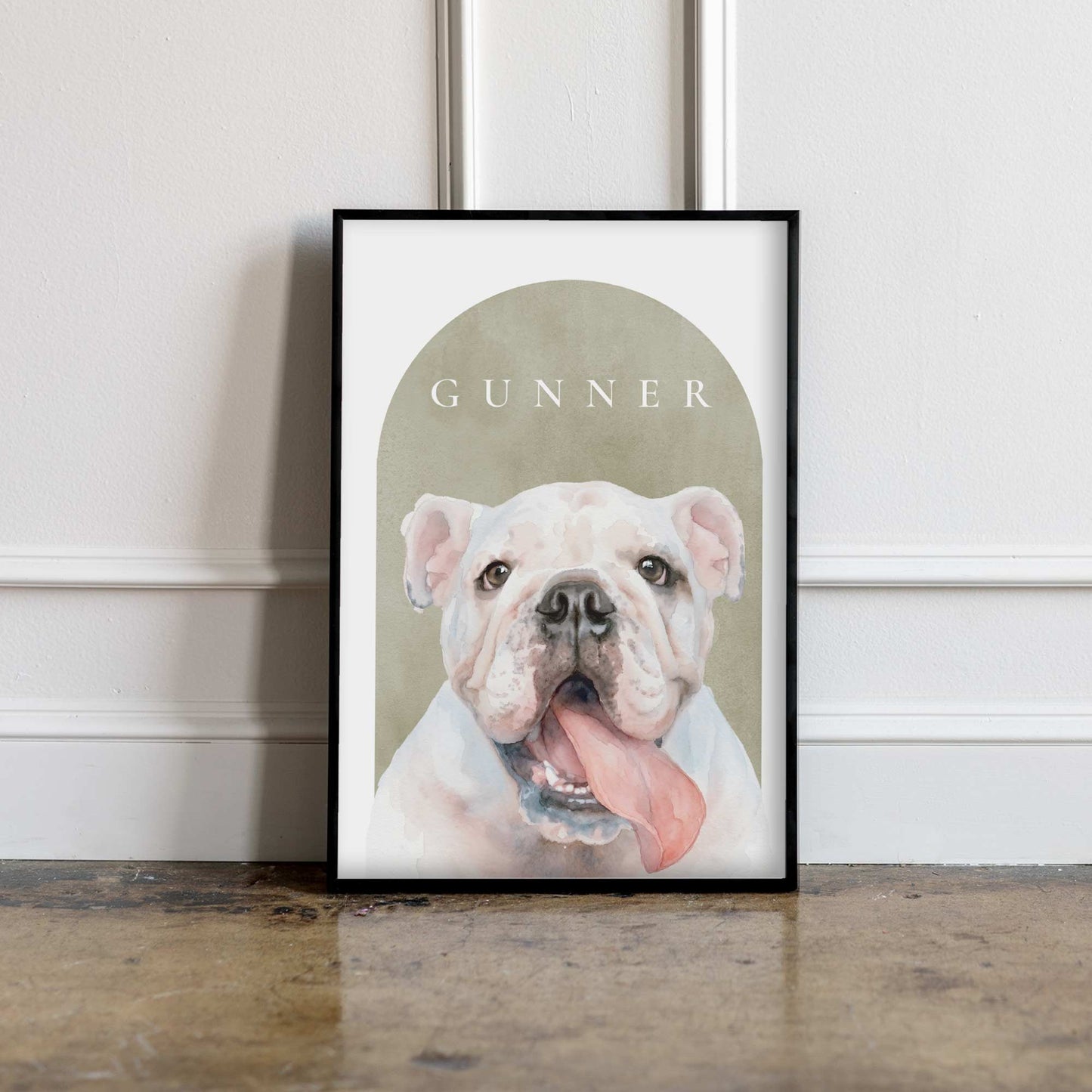 Custom pet portrait of a bulldog in black photo frame
