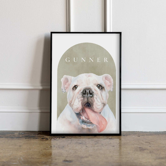 Custom pet portrait of a bulldog in black photo frame