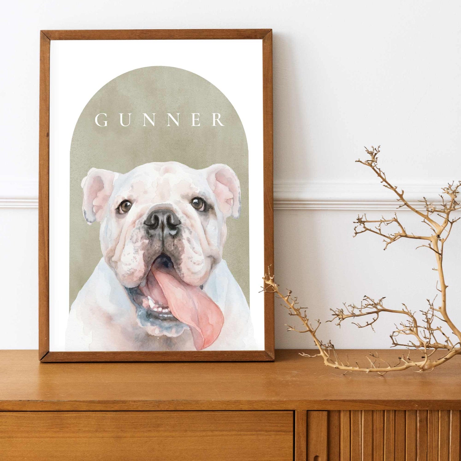 Custom pet portrait of a bulldog in lifestyle shot
