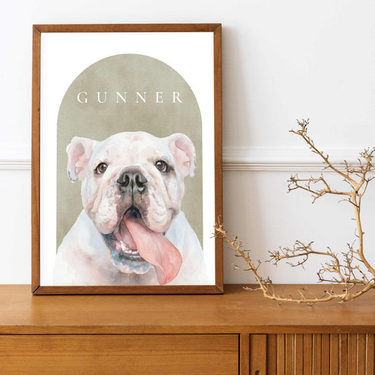 Custom pet portrait of a bulldog in lifestyle shot
