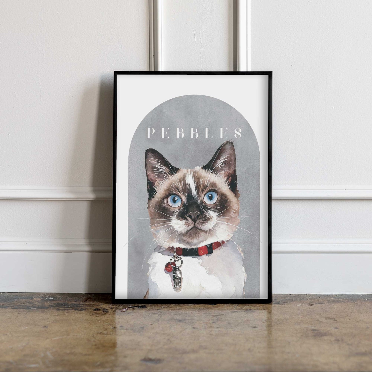 Custom pet portrait of a cat  in black photo frame