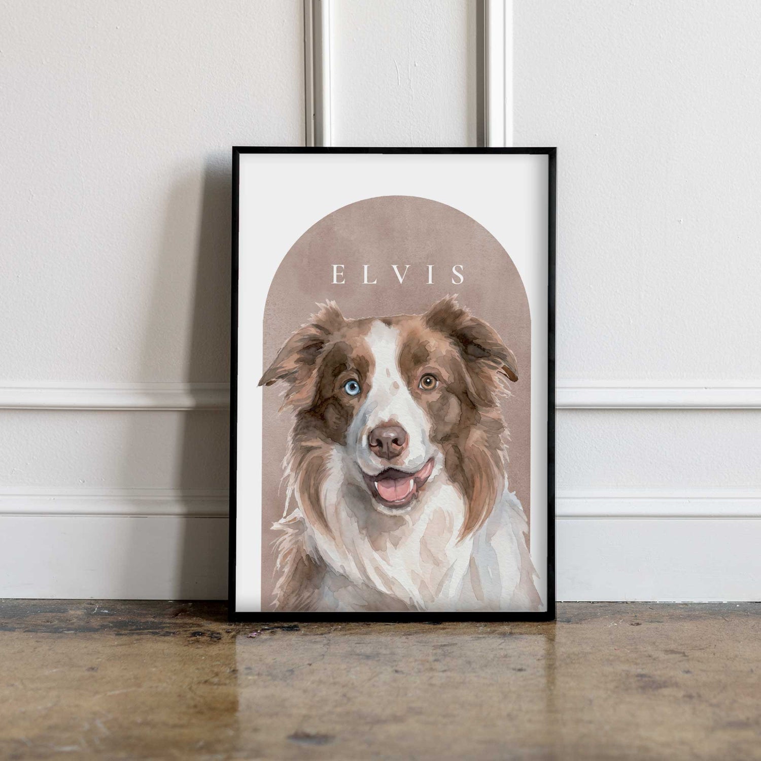 Custom pet portrait of a border collie in black photo frame