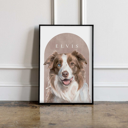 Custom pet portrait of a border collie in black photo frame
