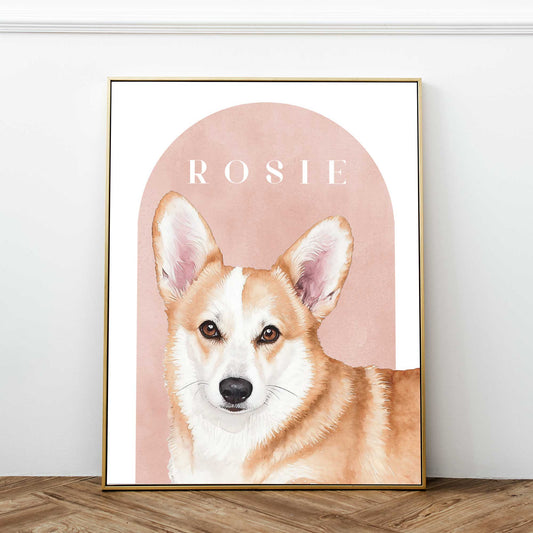 Custom pet portrait of a corgi in a gold photo frame