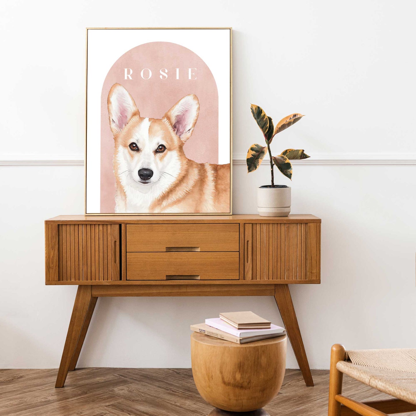 Custom pet portrait of a corgi in lifestyle shot