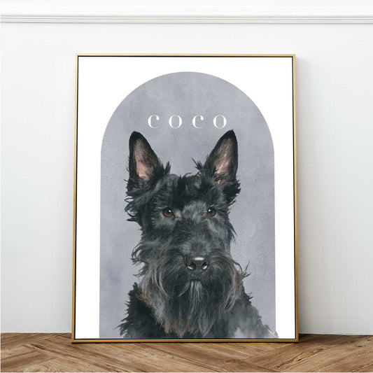Custom pet portrait of a Scottish terrier in gold photo frame