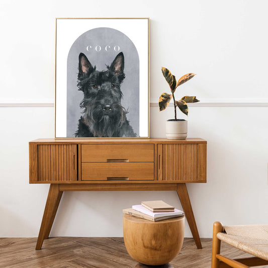 Custom pet portrait of a Scottish terrier in lifestyle shot