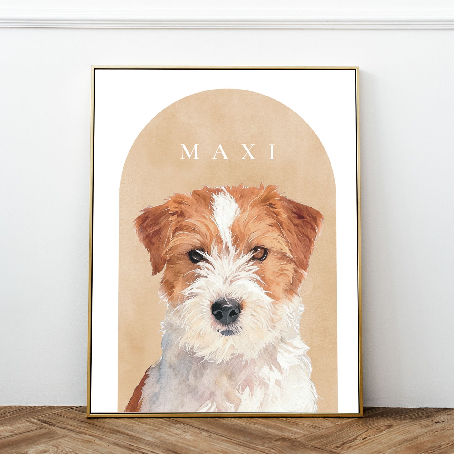 Custom pet portrait of a terrier  in a gold photo frame