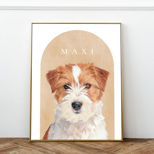 Custom pet portrait of a terrier in a gold photo frame