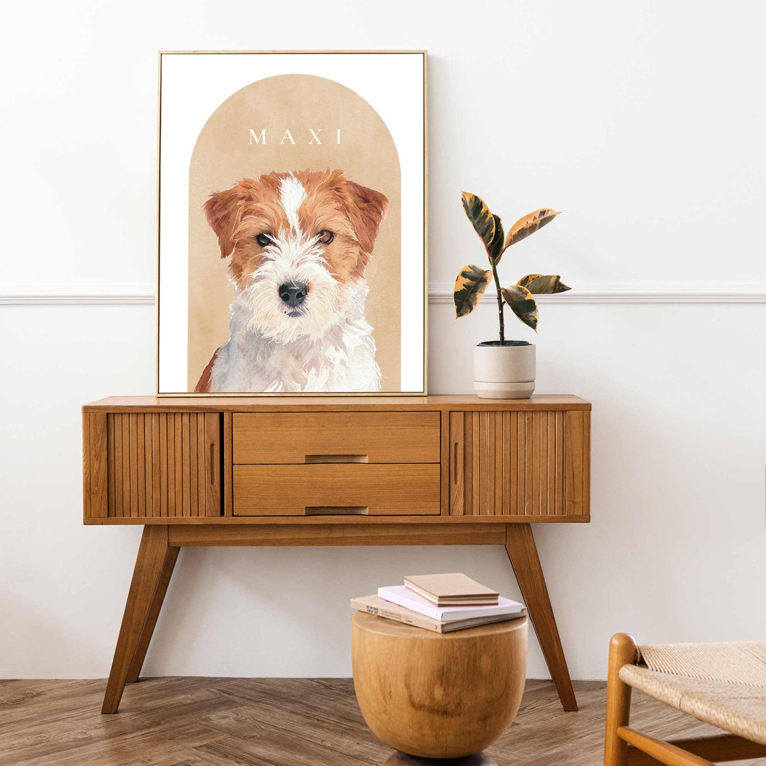 Custom pet portrait of a terrier in lifestyle shot
