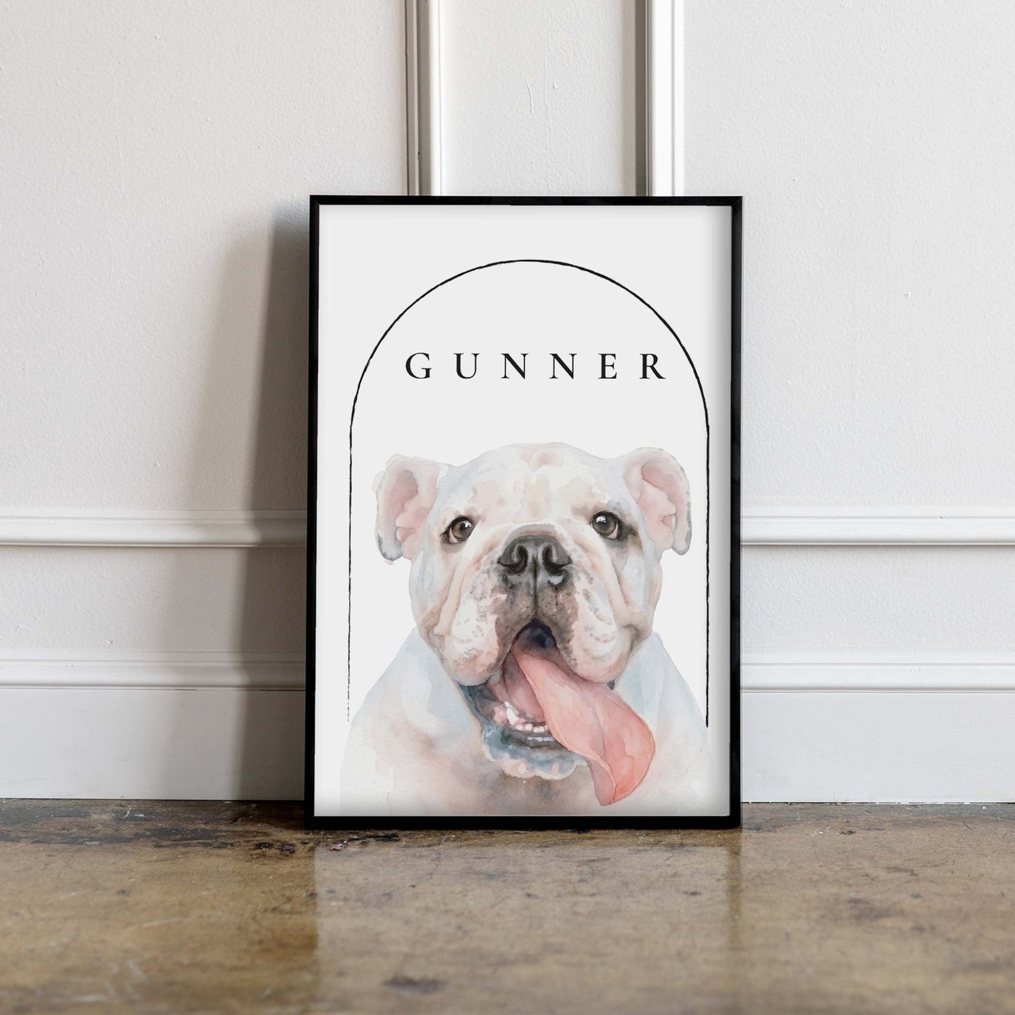 Custom pet portrait of a bulldog in a black photo frame
