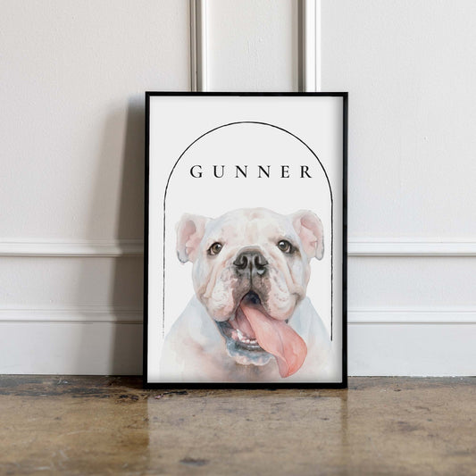 Custom pet portrait of a bulldog in a black photo frame