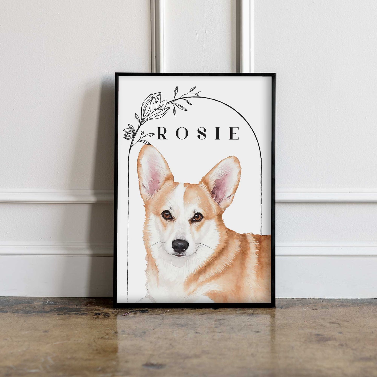 Custom pet portrait of a corgi in a black photo frame 