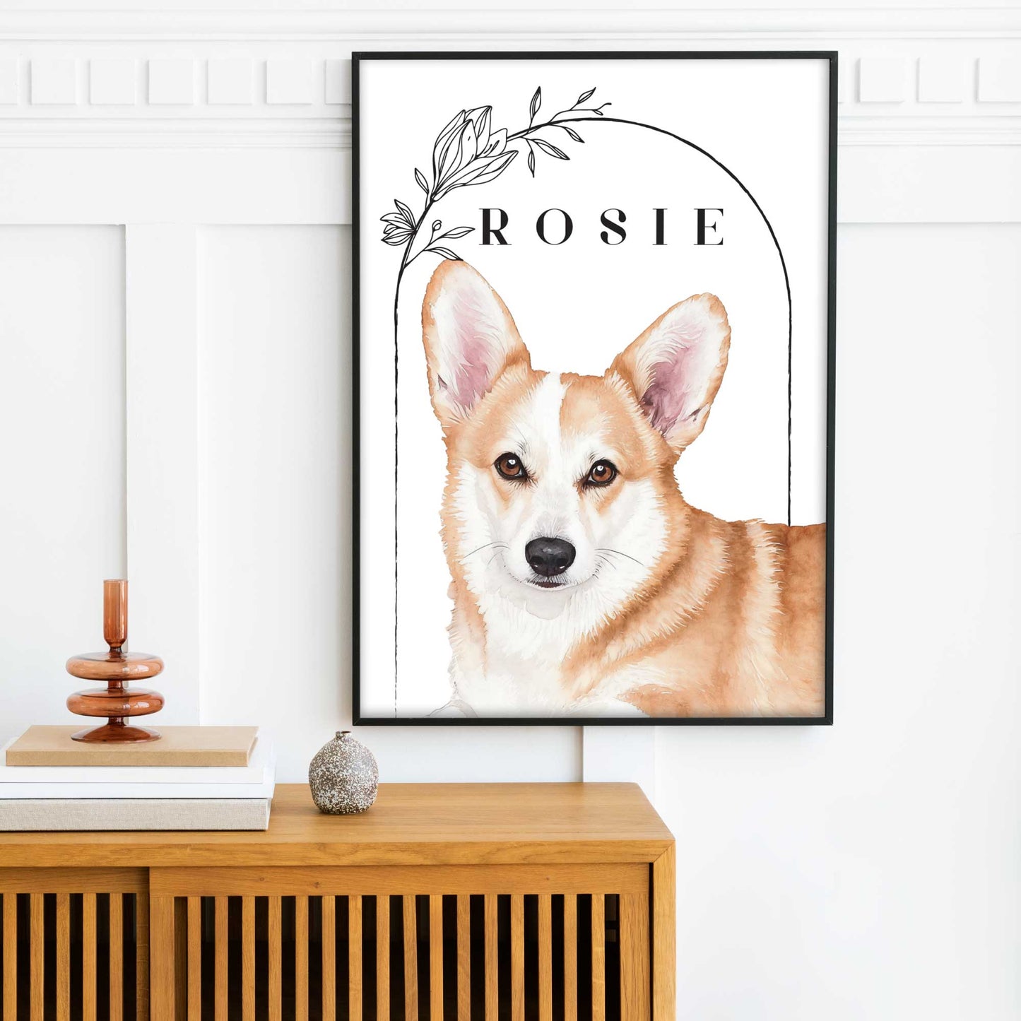 Custom pet portrait of a corgi in lifestyle shot