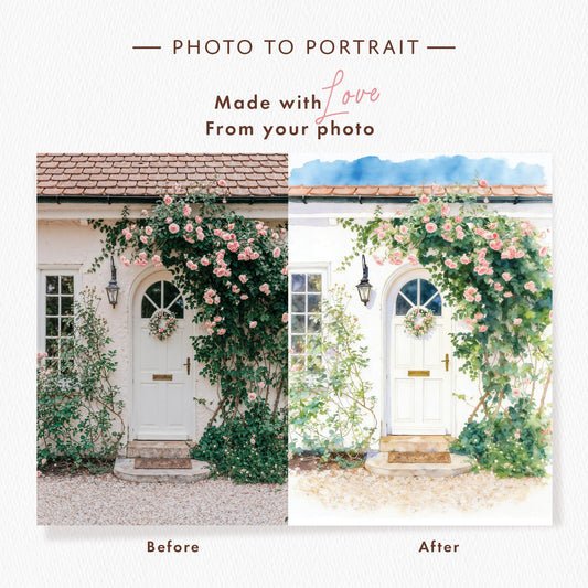 Before and after comparison of a custom front door home portrait of a white door with floral arches, text 'Photo to Portrait Made with Love From your photo'.