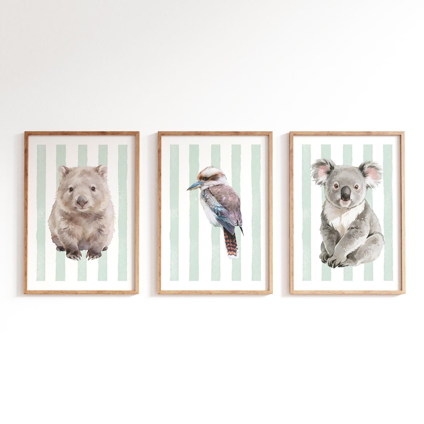 Three framed prints of a wombat, kookaburra, and koala on a striped green background.