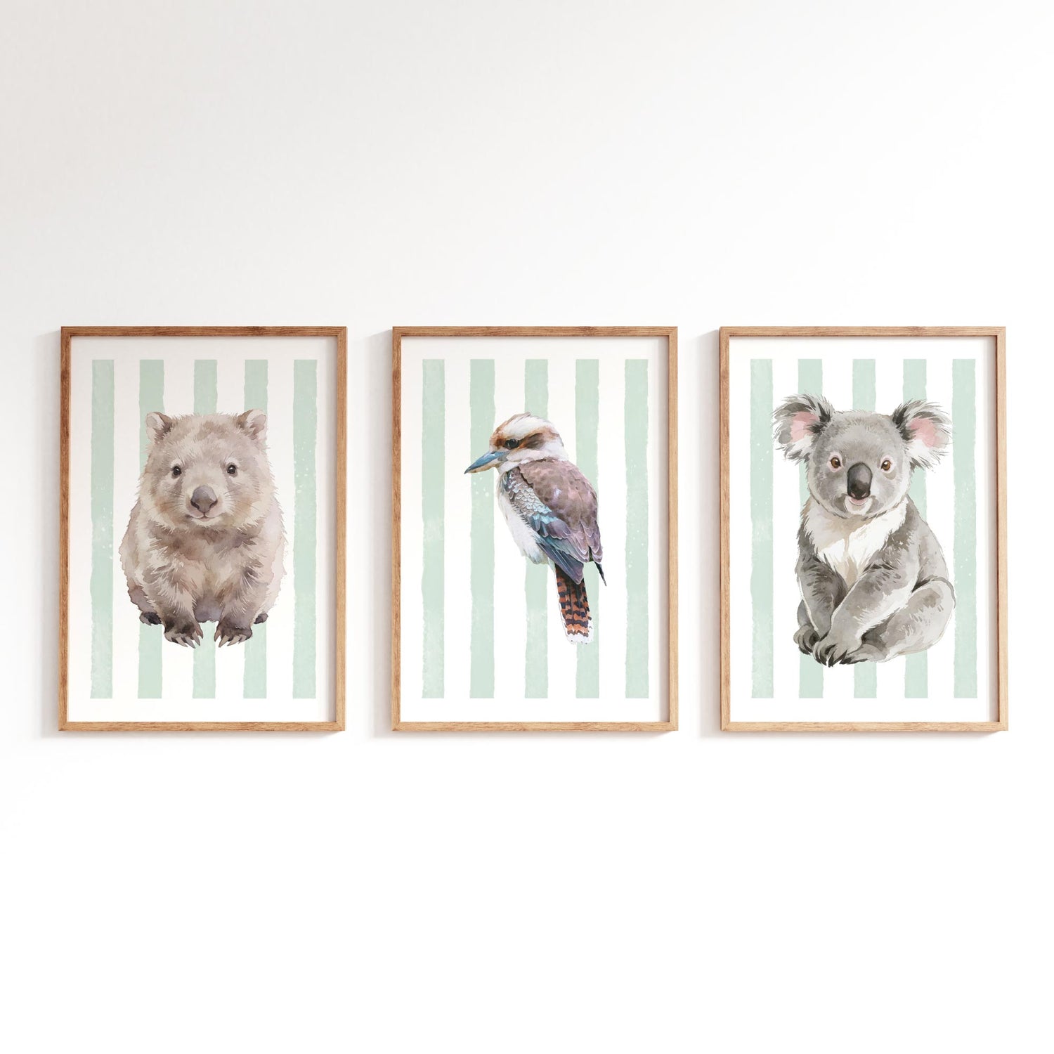 Three framed prints of a wombat, kookaburra, and koala on a striped green background.