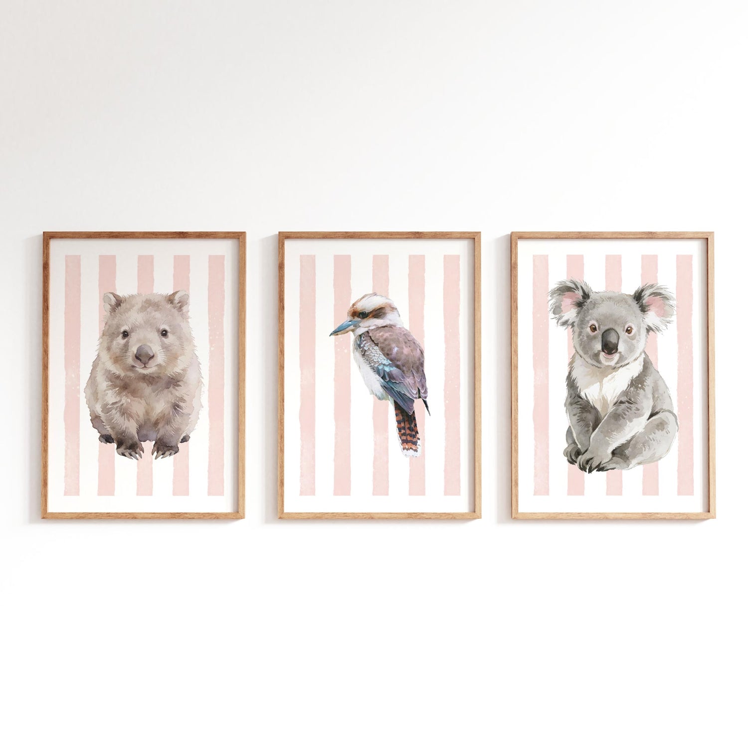 Three framed prints of a wombat, kookaburra, and koala on a striped pink background.
