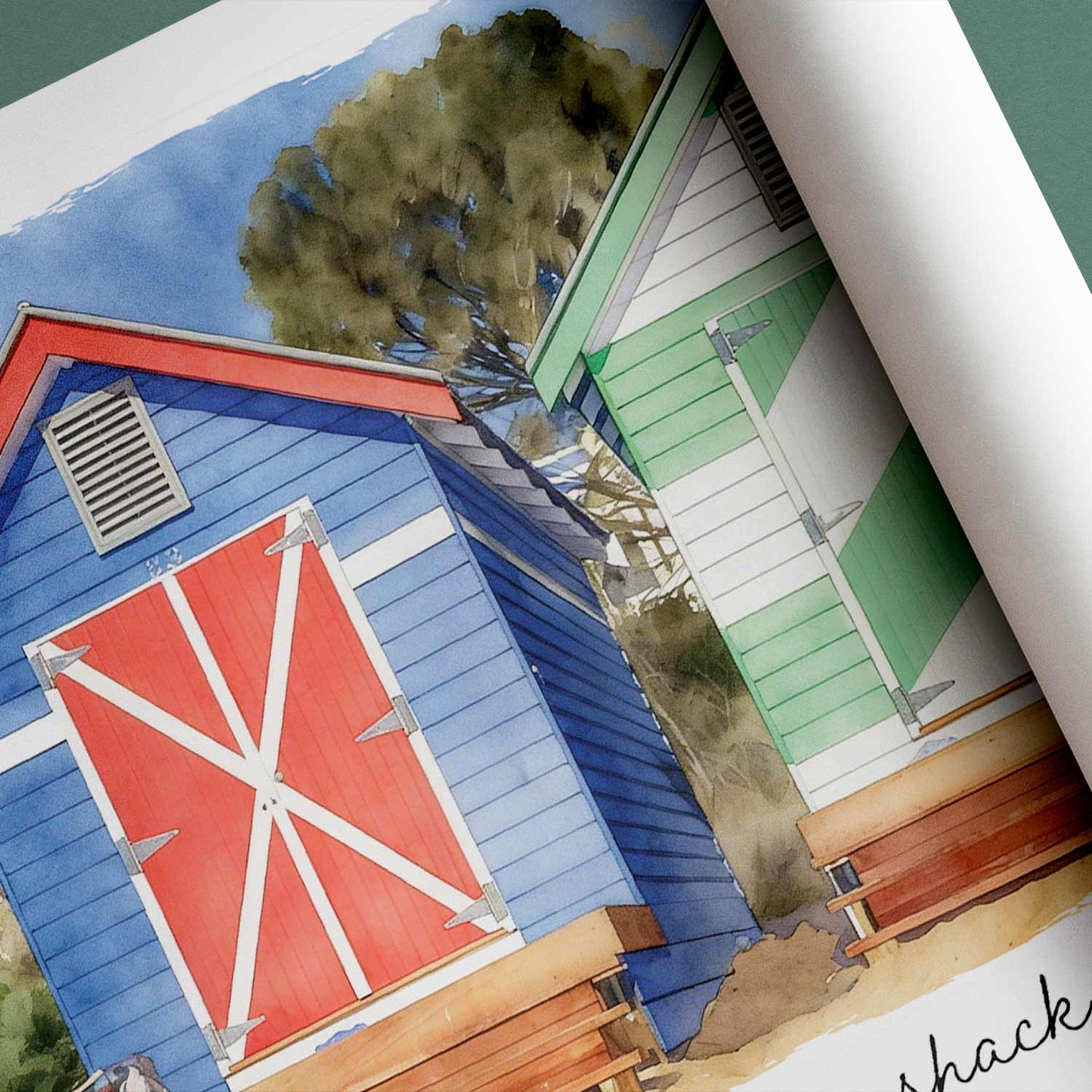 Colourful illustration of a custom beach box portrait