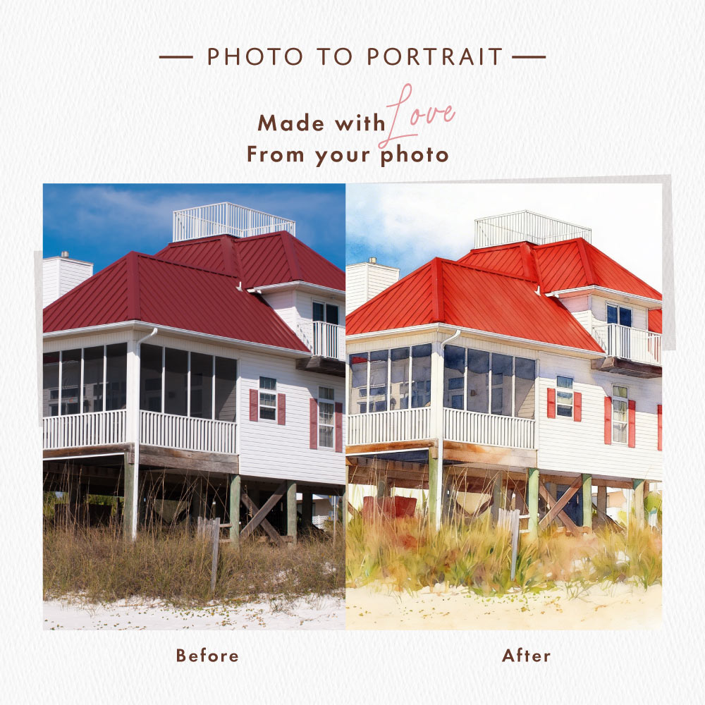 Before and after comparison of a custom beach house portrait with a red roof on a beach.