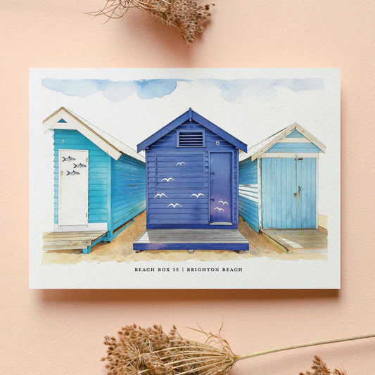 Custom beach house portrait of blue beach boxes