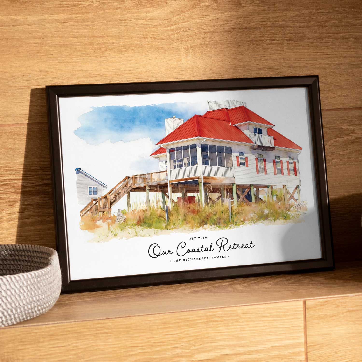 Framed artwork of a custom beach house portrait